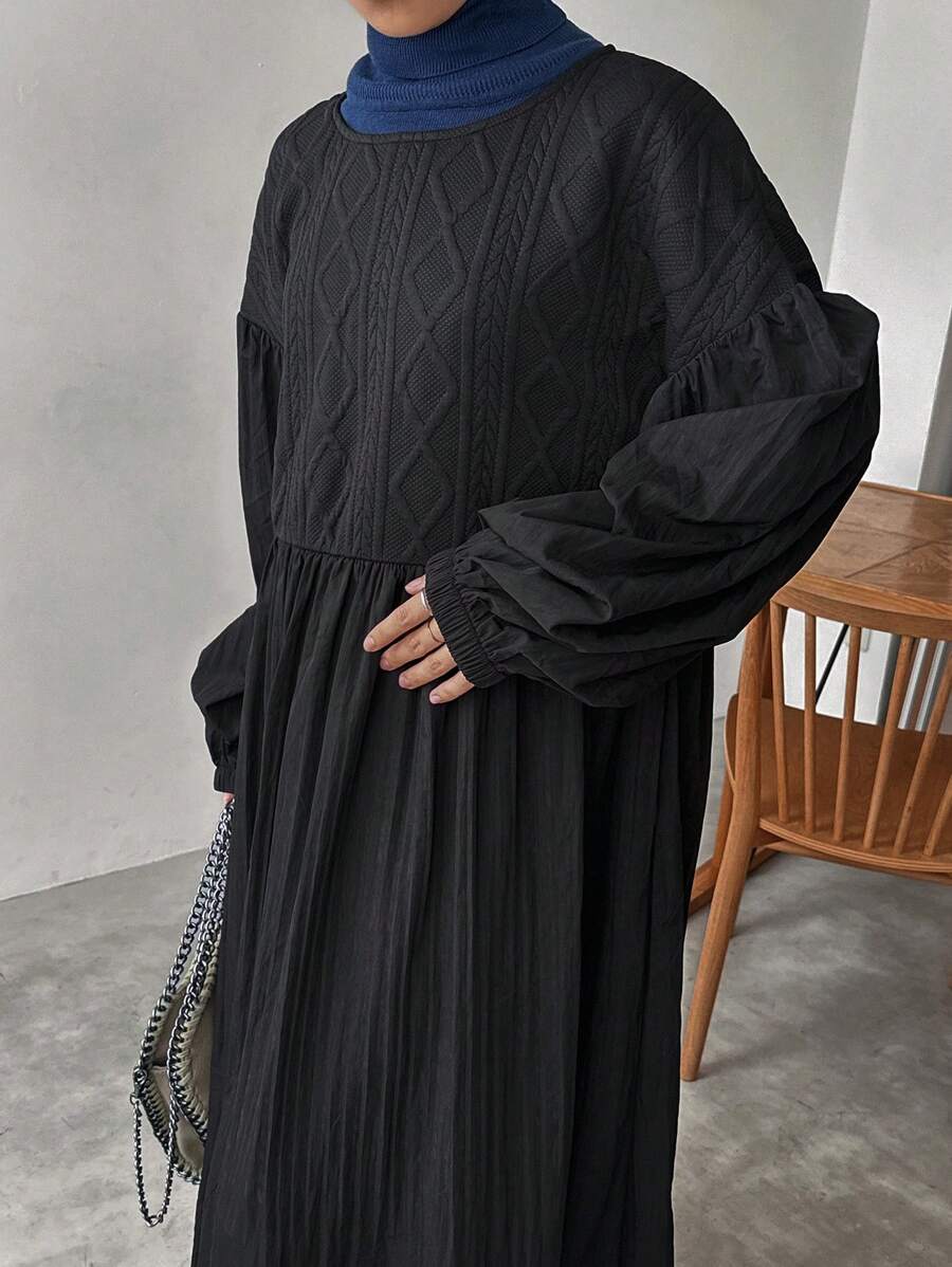 FRIFUL Women's Casual Solid Color Round Neck Drop Shoulder Long Sleeve Pleated Loose Dress, Spring & Autumn - Black - View 1