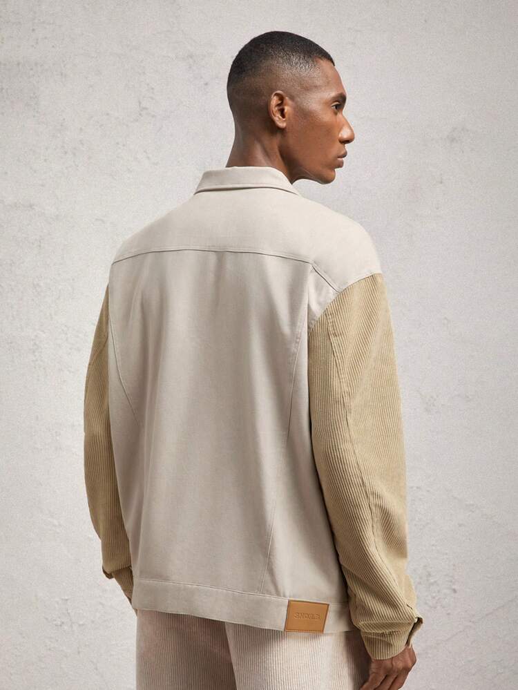 Men's Woven Color Block Casual Turndown Collar Long Sleeve Loose Drop Shoulder Open Front Jacket Suitable For Autumn Winter, Composed Of Cotton, Khaki, Metal Snap, Corduroy Patchwork