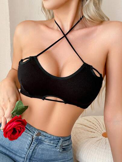 Women Solid Color Hollow Out Backless Halter Bra