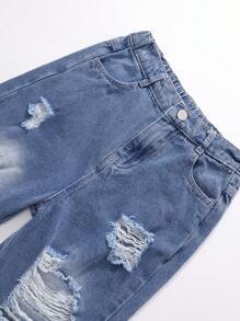 Tween Boys Ripped Casual Denim Jeans, Street Style Minimalist Design, Suitable For Spring And Autumn - Light Wash - View 3