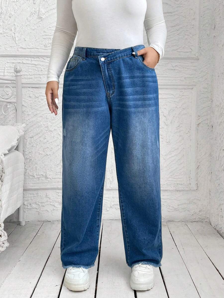 SHEIN Essnce Quần Jeans ống đứng màu xanh thường ngày cỡ lớn - Màu xanh lam - Xem 1