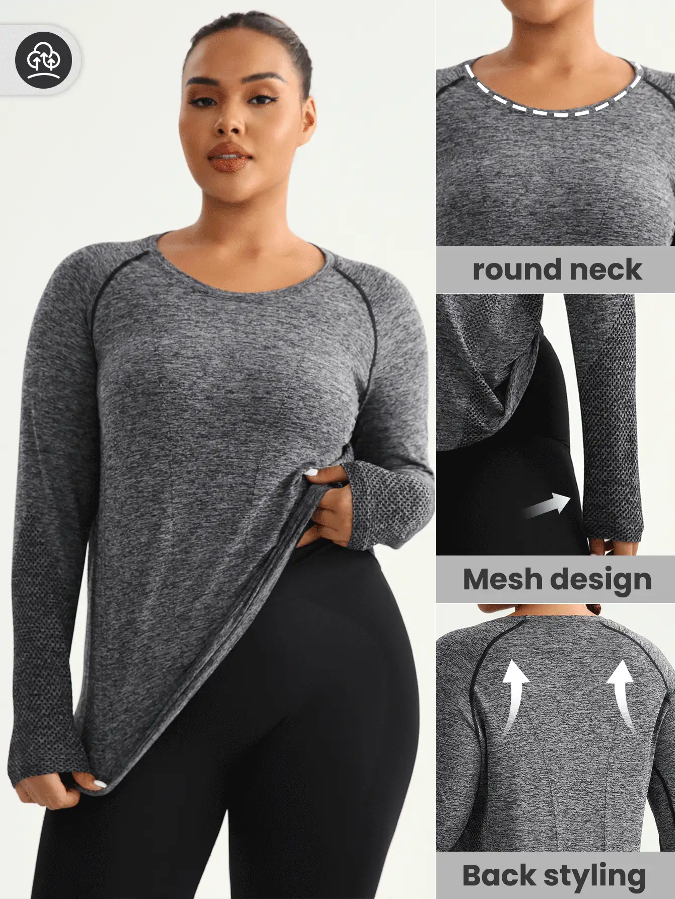 Easithlete Plus Size Solid Color Round Neck Side Slit Long Sleeve Sports T-Shirt - Dark Grey - View 2