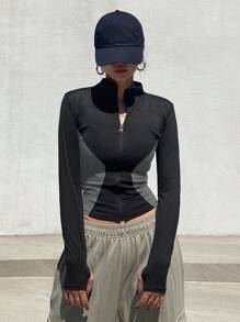 DAZY 女士纯色拼接前拉链长袖休闲夹克 - 彩色 - 查看 5