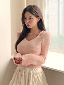 DAZY Women's V-Neck Open Shoulder Soft & Stretchy Fuzzy Bodycon Sweater,Fall Women Clothes - Pink - View 7