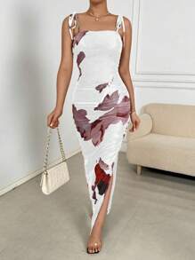 Chiquease Women's Spaghetti Strap Tie Front Floral Print Split Hem Dress - White - View 1