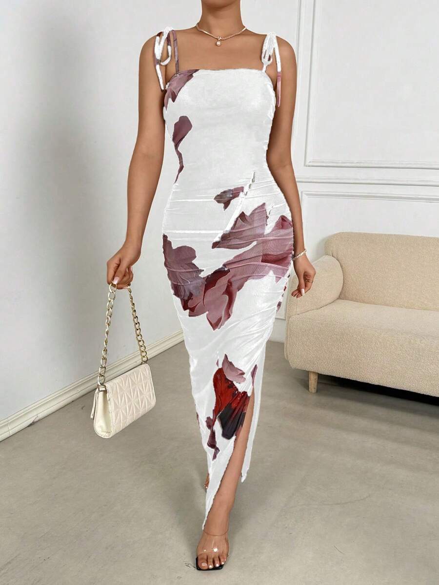 Chiquease Women's Spaghetti Strap Tie Front Floral Print Split Hem Dress - White - View 1