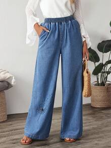 SHEIN LUNE Quần Jeans Ống Rộng Co Giãn In Hình Hoa Bồ Công Anh Cho Nữ, Dáng Rộng, Cạp Cao Co Giãn - Màu xanh lam - Xem 2
