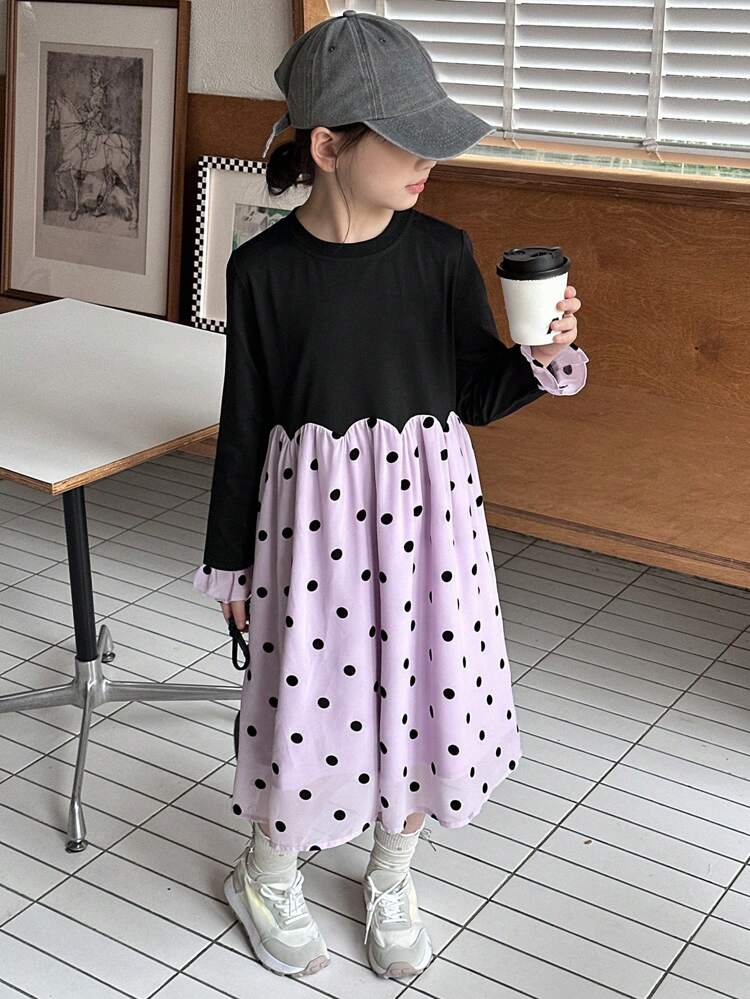 Tween Girl Colorblock Round Neck Long Sleeve Dress, Fall,Back To School Clothes