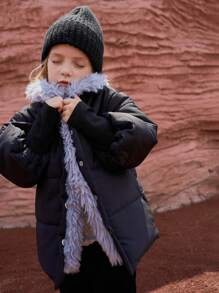 SHEIN Classic Black Padded Coat For Young Girl, With Contrast Purple Furry Lining Design To Add Vibrant Contrast, Combining Cute And Elegant Minimalist Sophistication, Suitable For Various Occasions, Suitable For Daily Casual Wear And Outdoor Travel, Fit For Autumn And Winter Seasons - Hot Pink - View 5