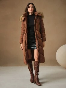 Anewsta Long Brown Thicken Detachable Fluffy Collar Belt Waisted Double Zipper Padded Coat