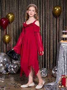 SHEIN Vestido longo elegante Borgonha para meninas pré-adolescentes, adequado para baile de formatura, festa, aniversário, eventos de feriados como Halloween, Natal, Páscoa