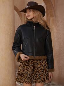 Aveloria Short PU Biker Jacket With Patchwork Teddy Detail For Women Fall Cloth For Women - Black - View 3