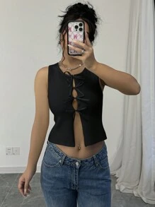 SHEIN Frenchy 女士春秋纯色系带镂空无袖性感针织上衣 - 黑色 - 查看 6
