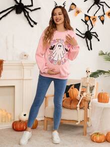 SHEIN Maternity Pink Drop Shoulder Letter Graphic Sweatshirt For Fall And Winter, Halloween - Pink - View 3