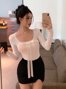 DAZY Áo thun nữ tay dài ôm vừa vặn trang nhã có nơ trang trí, xuân thu - trắng - Xem 4