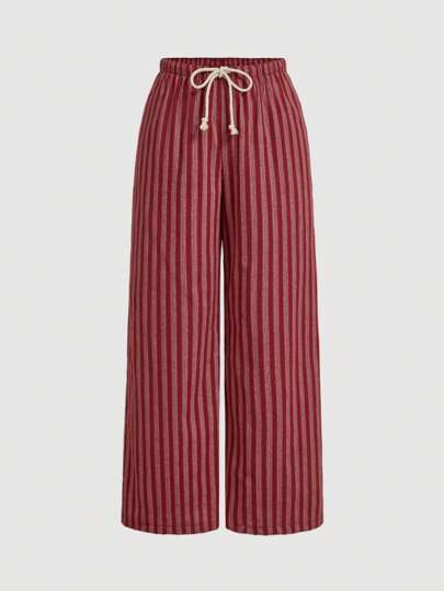 SHEIN MOD Plus Size Versatile Casual Simple Cotton Rope Tie Waist Red Striped Wide Leg Pants