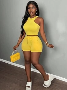 Slaydiva 新款夏季休闲性感抹胸开衩阔腿裤女两件套户外活动装 - 黃色 - 查看 5
