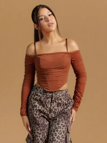 SHEIN X  Ignacia Antonia Allurite Top con mangas arrugadas, doblez irregular, tela de espina de pescado de doble capa, empalme para fiesta de Halloween para mujer