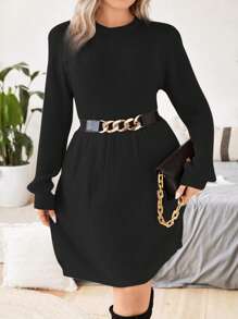 Celure Talla grande Vestido de punto unicolor tejido de canalé sin cinturón - Negro - Ver 6