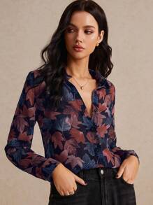 Poéselle 女士休闲树叶印花衬衫，春秋季，长袖上衣 - 彩色 - 查看 3