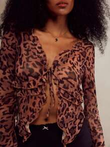 Forever 21 Modische Bluse mit Leoparden Muster und Netzstoff, Vorderbindung, für Frühling & Sommer