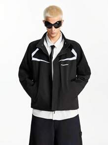 Manfinity VCAY Men's Street-Style Woven Panel Stand Collar Zip-Up Jacket, Suitable For Autumn/Winter - Black - View 3