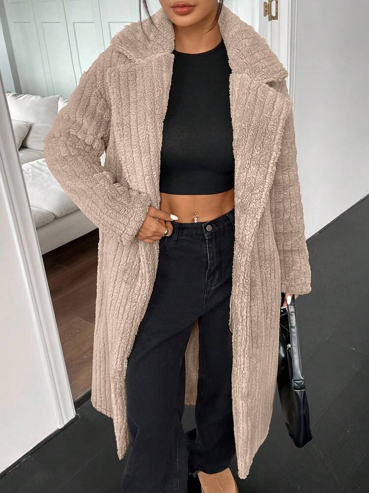 SHEIN EZwear Áo khoác Tan Fluffy dành cho nữ - Màu Khaki - Xem 6