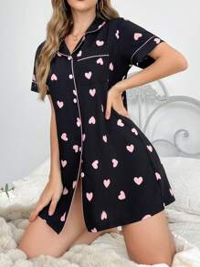 Snug Zone Contrast Color Trim Heart Print Lapel Cardigan Women Nightgown - Pink - View 3