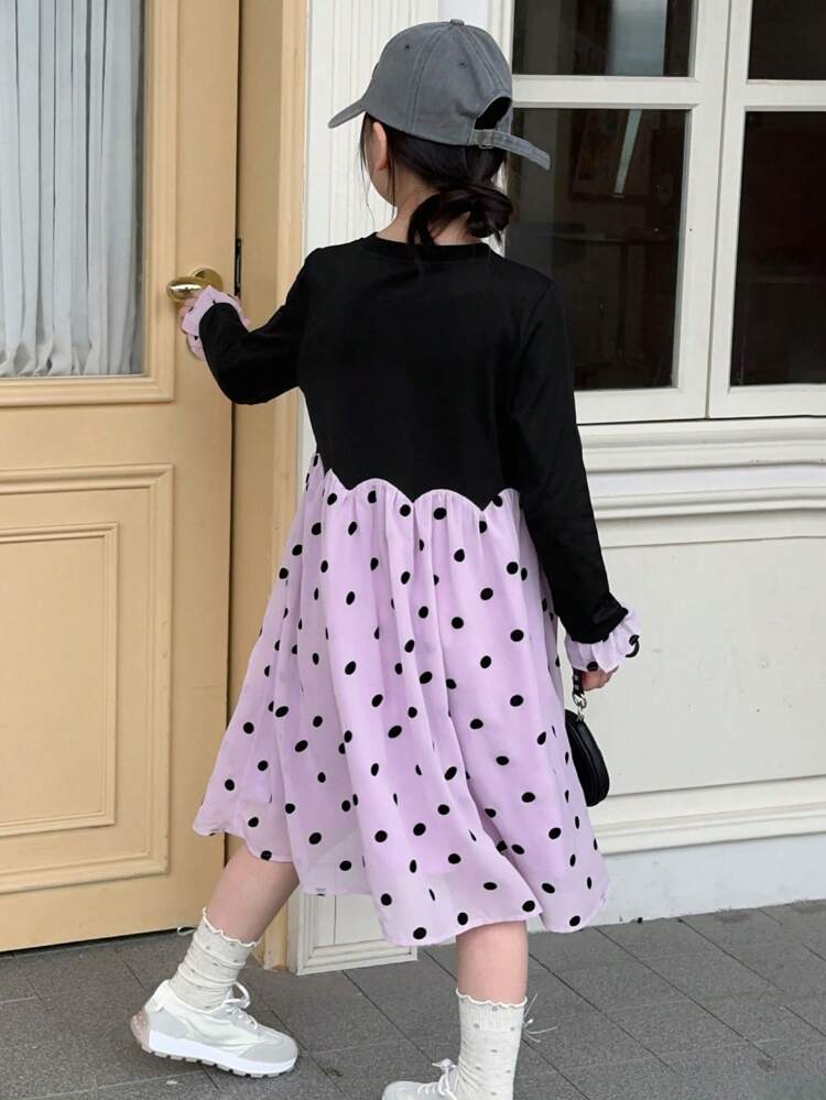 Tween Girl Colorblock Round Neck Long Sleeve Dress, Fall,Back To School Clothes