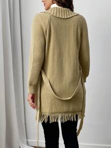 EMERY ROSE Women's Self-Tie Waist Textured Long Sleeve Collared Cardigan - Khaki - View 5