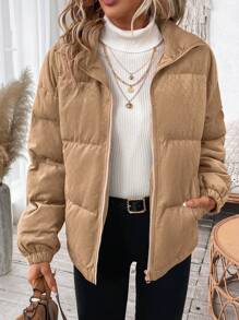 SHEIN LUNE 2件装2024秋冬新款女士立领短款灯芯绒羽绒服宽松小棉袄 - 棕色 - 查看 6