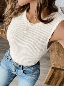 SHEIN LUNE 女式无缝针织紧身圆领百搭背心，采用温暖的毛绒面料，适合春季、夏季、秋季和冬季 - 白色 - 查看 1