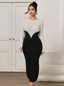 Modelyn Dames Herfst Elegante Colorblock Splice Getailleerde Trui Jurk