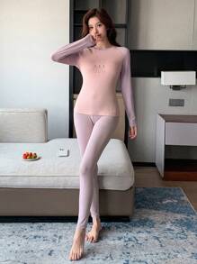 DAZY Cute Cartoon Pattern Raglan Sleeve Fitted Pajama Set - Pink - View 3