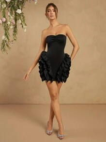 L'Amorae 荷叶边修身无袖迷你连衣裙