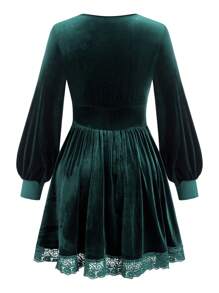 SHEIN Unity 大码女式春夏纯色撞色蕾丝灯笼袖优雅连衣裙 - 墨綠色 - 查看 2