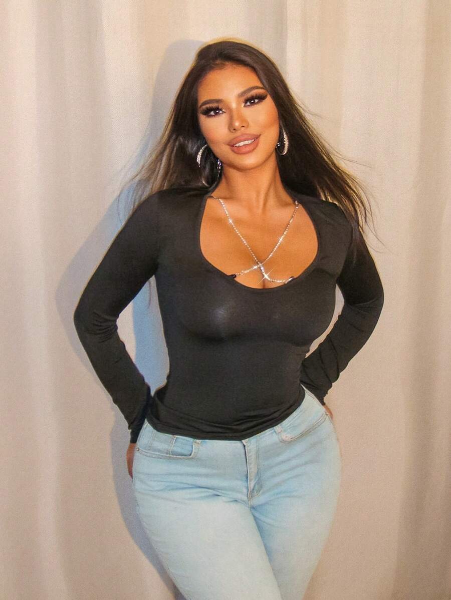 Zolique 椭圆形颈链缀饰性感修身长袖 T 恤 - 黑色 - 查看 1