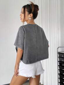SHEIN Muchic Light Grey Textured Knit Oversized Tee Shirt For Women - Grey - View 2