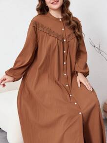 Al Najma 加大码长袖纯色纹理面料蕾丝边长袍连衣裙，朴素休闲衬衫长裙，适合旅行/休闲/居家/度假