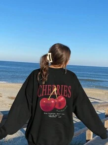 Áo nỉ cổ tròn dài tay họa tiết quả anh đào và khẩu hiệu mùa thu đông dành cho nữ, áo kiểu dáng rộng rãi, thoải mái, đa năng cho ngày lễ, trang phục thời trang mùa thu dành cho nữ, thích hợp mặc hàng ngày - màu đen - Xem 5