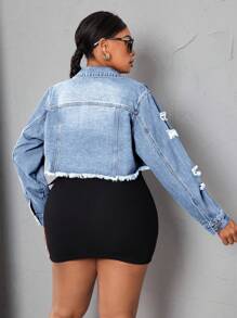 SHEIN SXY Veste en jean déchirée à manches longues avec boutons devant et garniture effilochée, grande taille