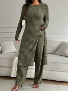 EMERY ROSE 2pcs/Set Plus Size Solid Color Crew Neck Long Sleeve Top And Pants - Army Green - View 4