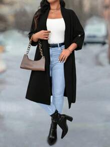 SHEIN LUNE Plus Size Solid Color Long Sleeve Casual Long Jacket - Black - View 4