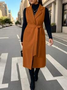 SHEIN Clasi Plus Lapel Neck Belted Vest Overcoat - Brown - View 3