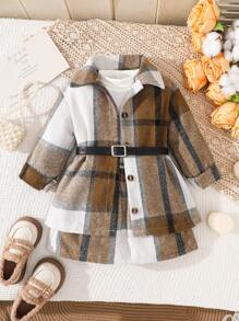 SHEIN Explorewe 女婴格子夹克、裙子和纯色长袖上衣三件套服装，秋冬 - 卡其色 - 查看 3