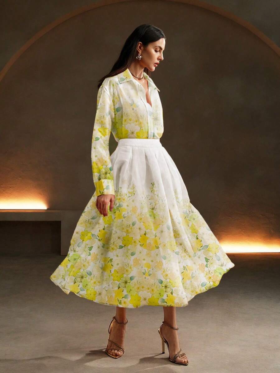 Anewsta Ladies' Floral Print Maxi Skirt, For Vacation - Yellow - View 1