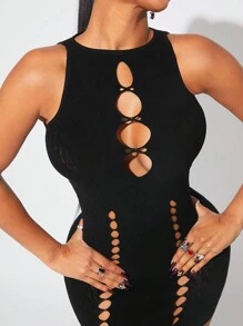 SHEIN SXY Women's Summer Sexy Solid Color Hollow Out Fitted Asymmetrical Hem Dress - Black - View 5