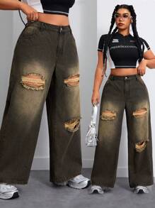 Jeans de mezclilla vintage desgastados y de grunge para mujeres de talla grande