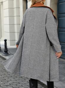 SHEIN LUNE Women's Color Block Drohoulder Long Sleeve Herringbone Long Casual Knitted Blend Coat, Winter