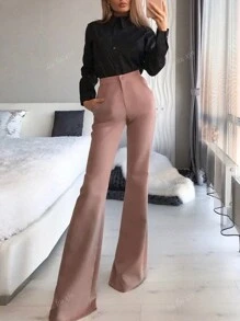 Pantalon de bureau élégant pour dames avec double poche, bouton et fermeture éclair, de couleur unie et micro-cloche